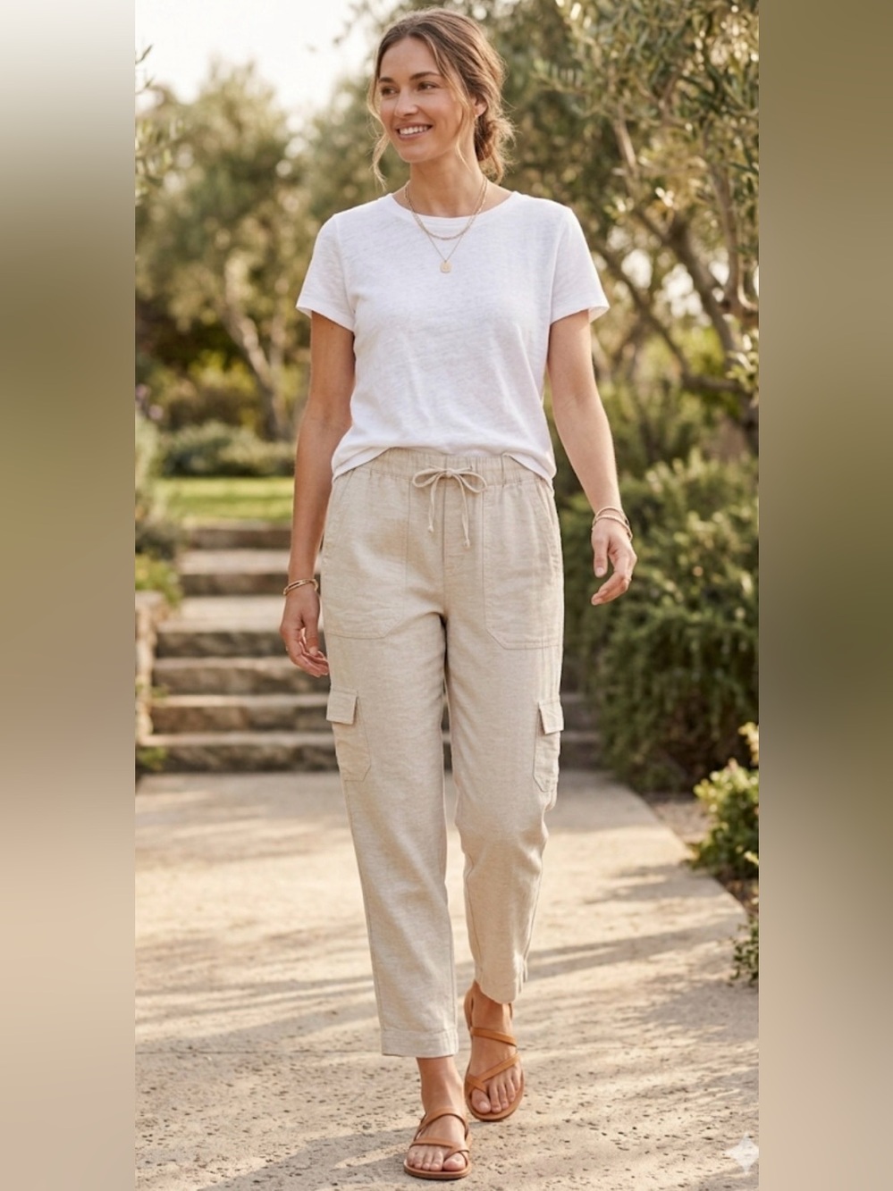 GAP Linen Blend Drawstring Cargo Easy Pants Khaki Small